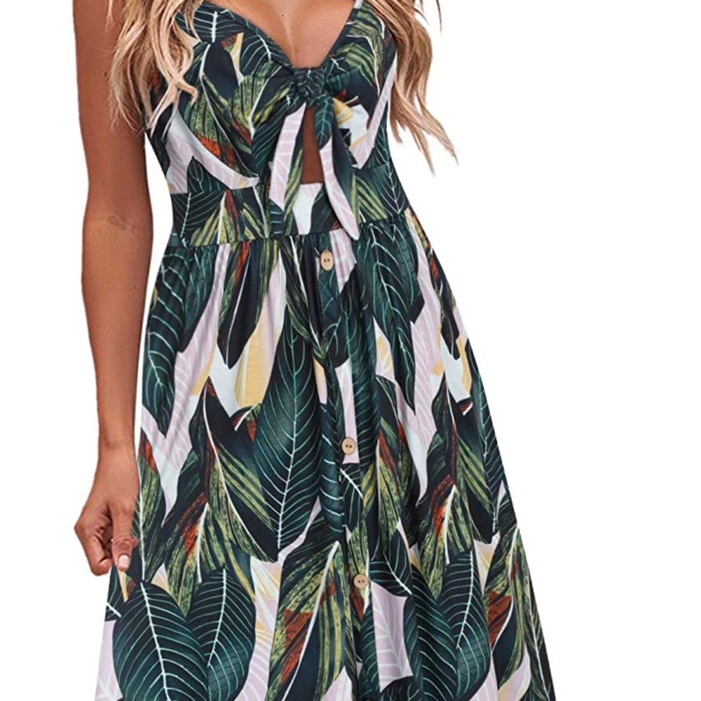 VOTEPRETTY Womens Summer Floral V Neck Tie Front Spaghetti Strap Dress -Pockets